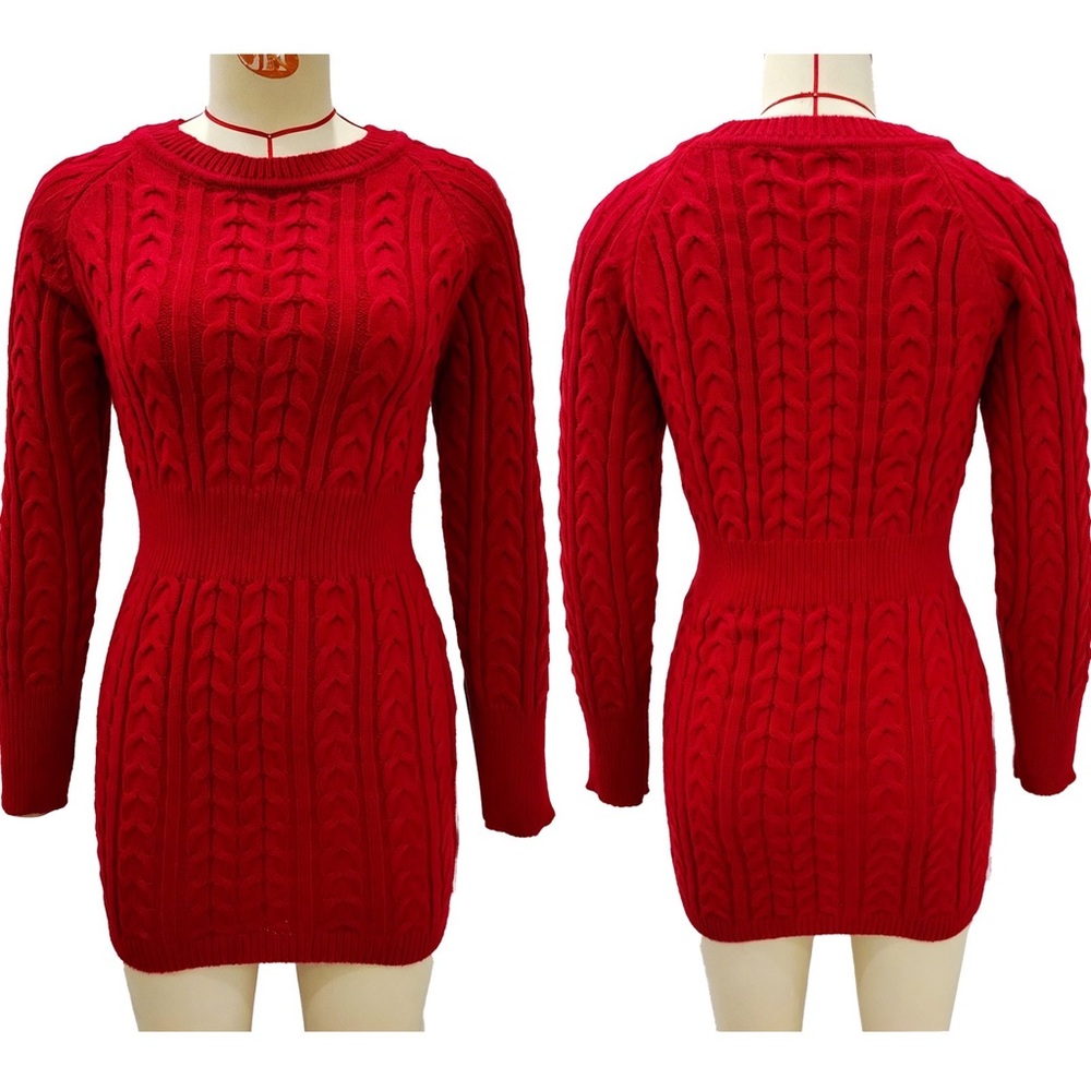 Red Cable-Knit Crewneck Sweater Dress